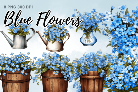 Blue Flowers in a Wood Basket Clipart