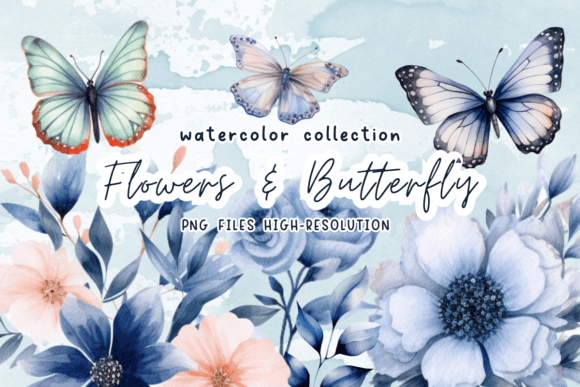 Butterflies Flowers Watercolor Clipart: Graphics for Creative Selling
