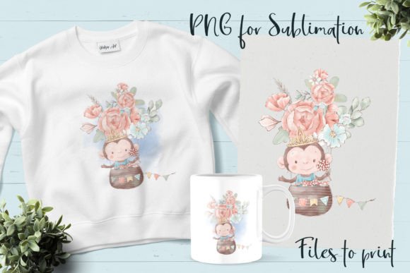 Cute Monkey in a Balloon of Flowers: Graphics & Illustrations for Crafters