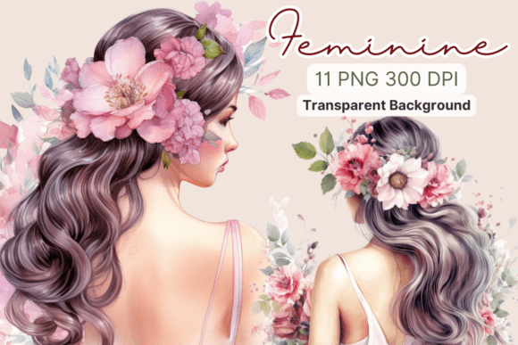 Feminine with Flowers Watercolor Clipart