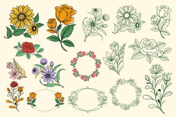 Flowers and Frame Vector Set: Graphics and Illustrations for Crafting
