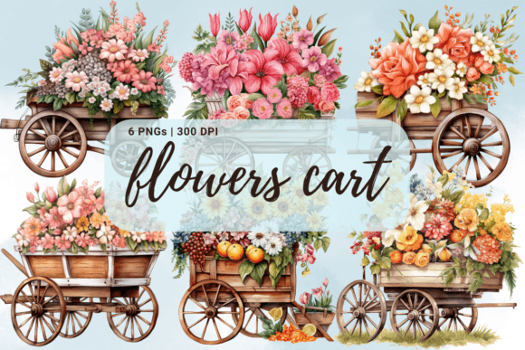 Flowers in Cart Watercolor Clipart PNG: Graphics and Illustrations for Local Branding