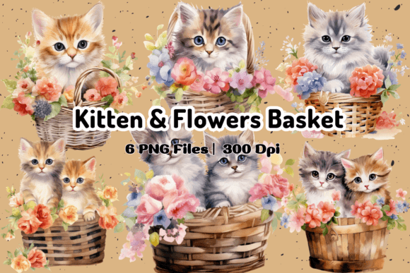Kitten Flowers in Basket Watercolor Graphics