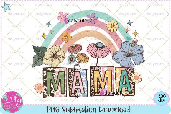 Mama Retro Rainbow Boho Flowers PNG