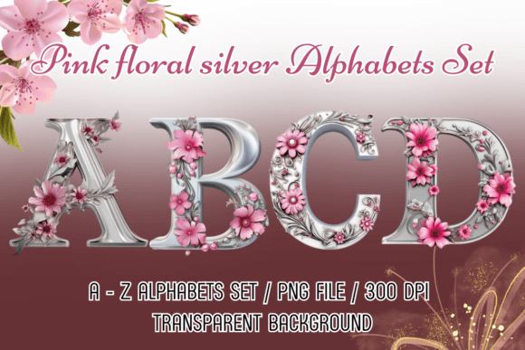 Pink Flowers Silver Alphabets Clipart