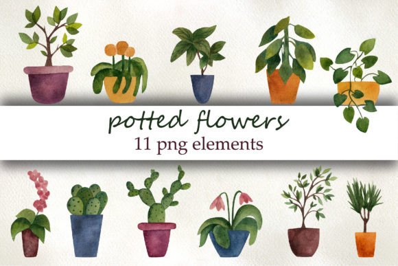 Potted Flowers, Watercolor Clipart