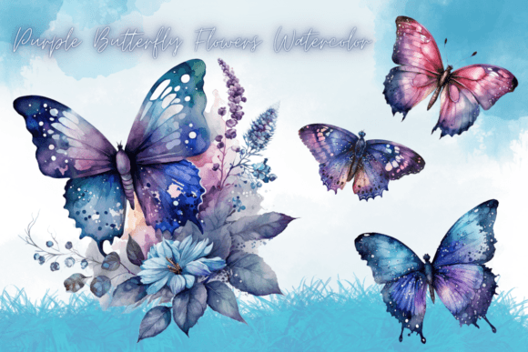 Purple Butterfly Flowers Watercolor Graphics