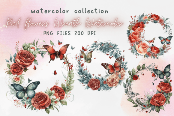 Red Flowers Wreath Watercolor Graphics