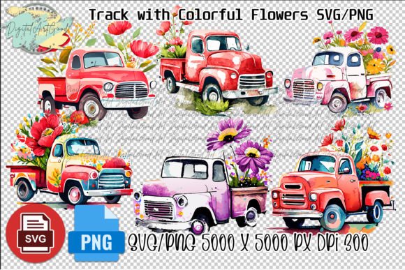 Red Truck Colorful Flowers Watercolor