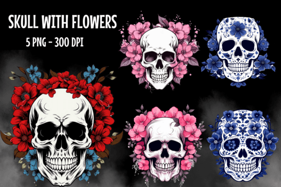 Skulls with Flowers Watercolor Halloween Graphics