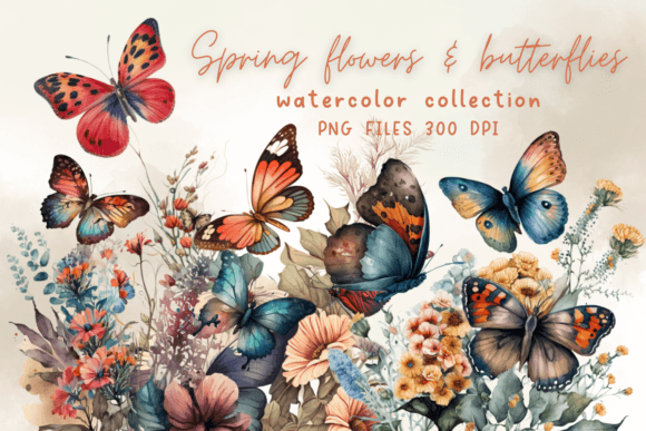 Spring Butterfly Watercolor Flowers Graphics