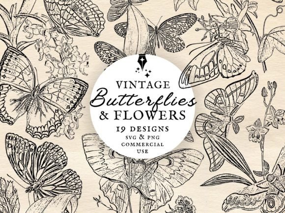 Vintage Butterflies Flowers Clipart: Graphics for Creative Sellers