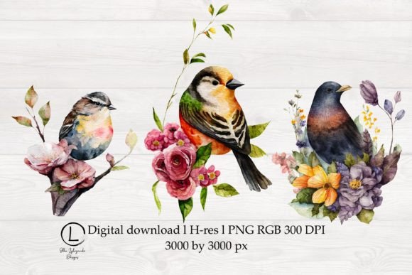 Watercolor Birds and Spring Flowers Graphics
