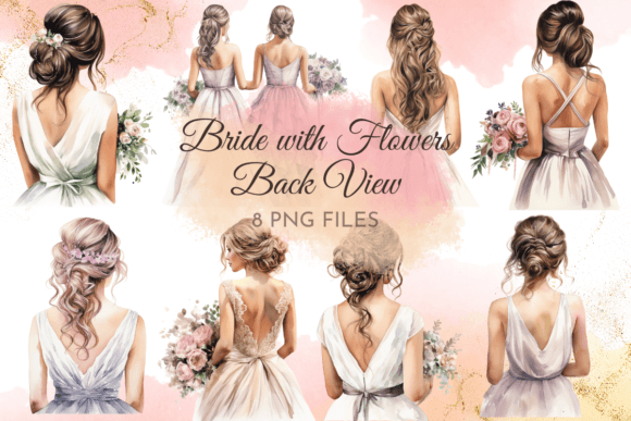 Watercolor Bride with Flowers Back View