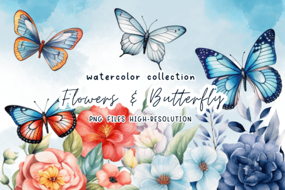 Watercolor Flowers Butterfly Clipart Graphics