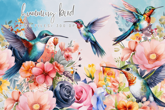 Watercolor Hamming Bird Flowers Clipart Graphics