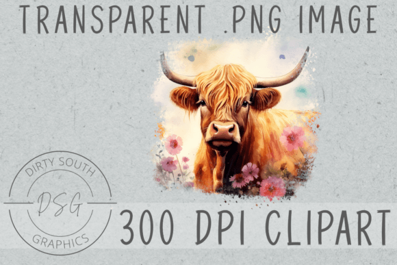 Watercolor Highland Cow Flowers Graphics